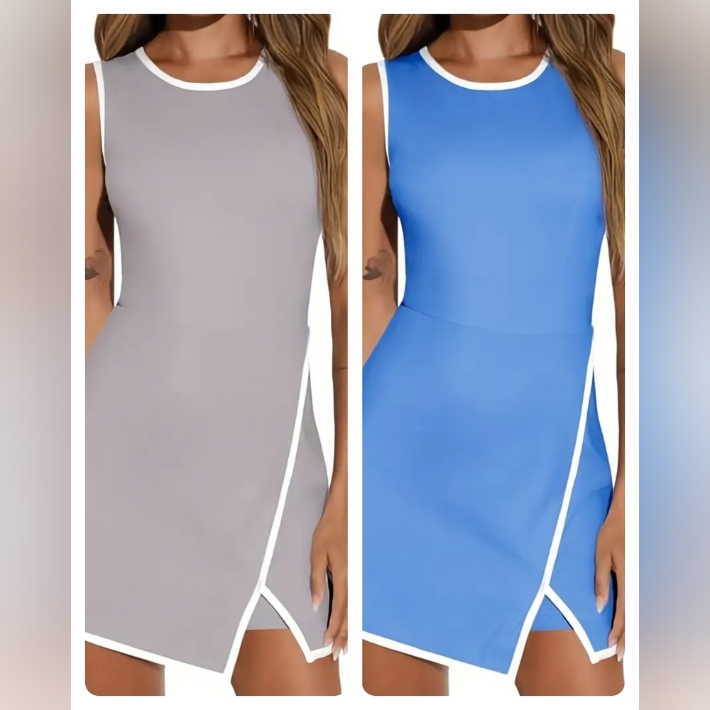 Active Wear Sport Mini Dresses with Bra & Pocket- 2 Grey & Blue